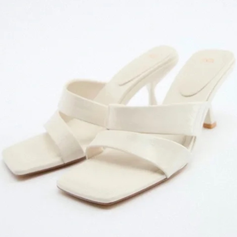 Zara  White Open Toe Square Padded  Dressy High Heel Sandals Size US7/EU37